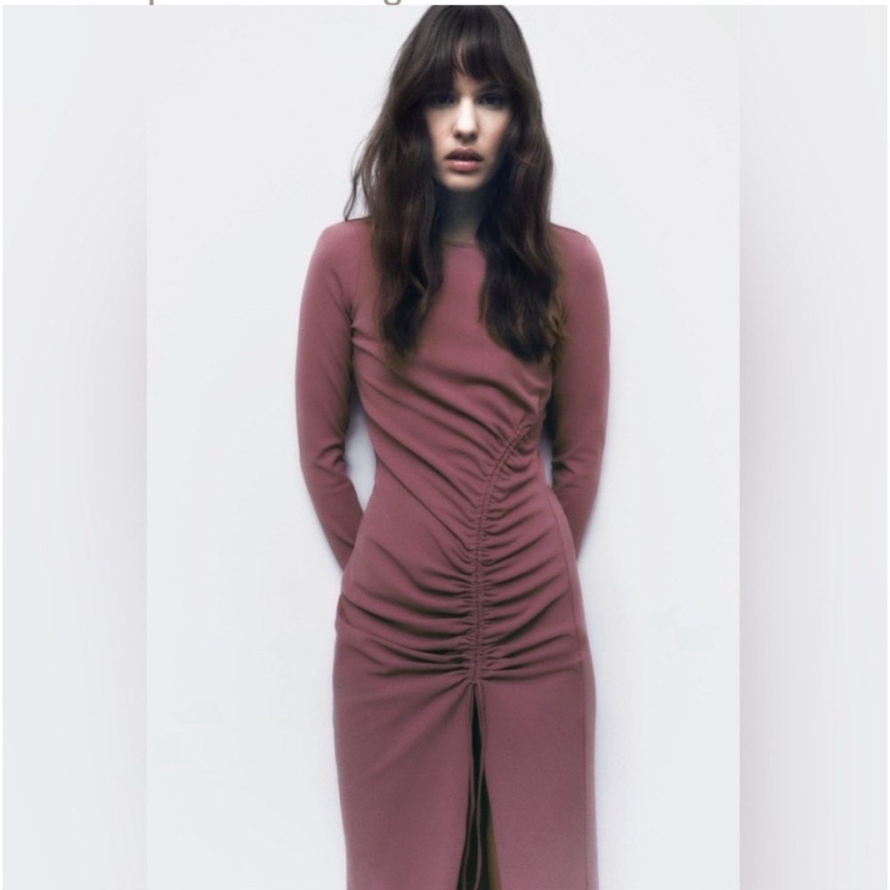 Zara Mauve Long-Sleeve Ruched Dress